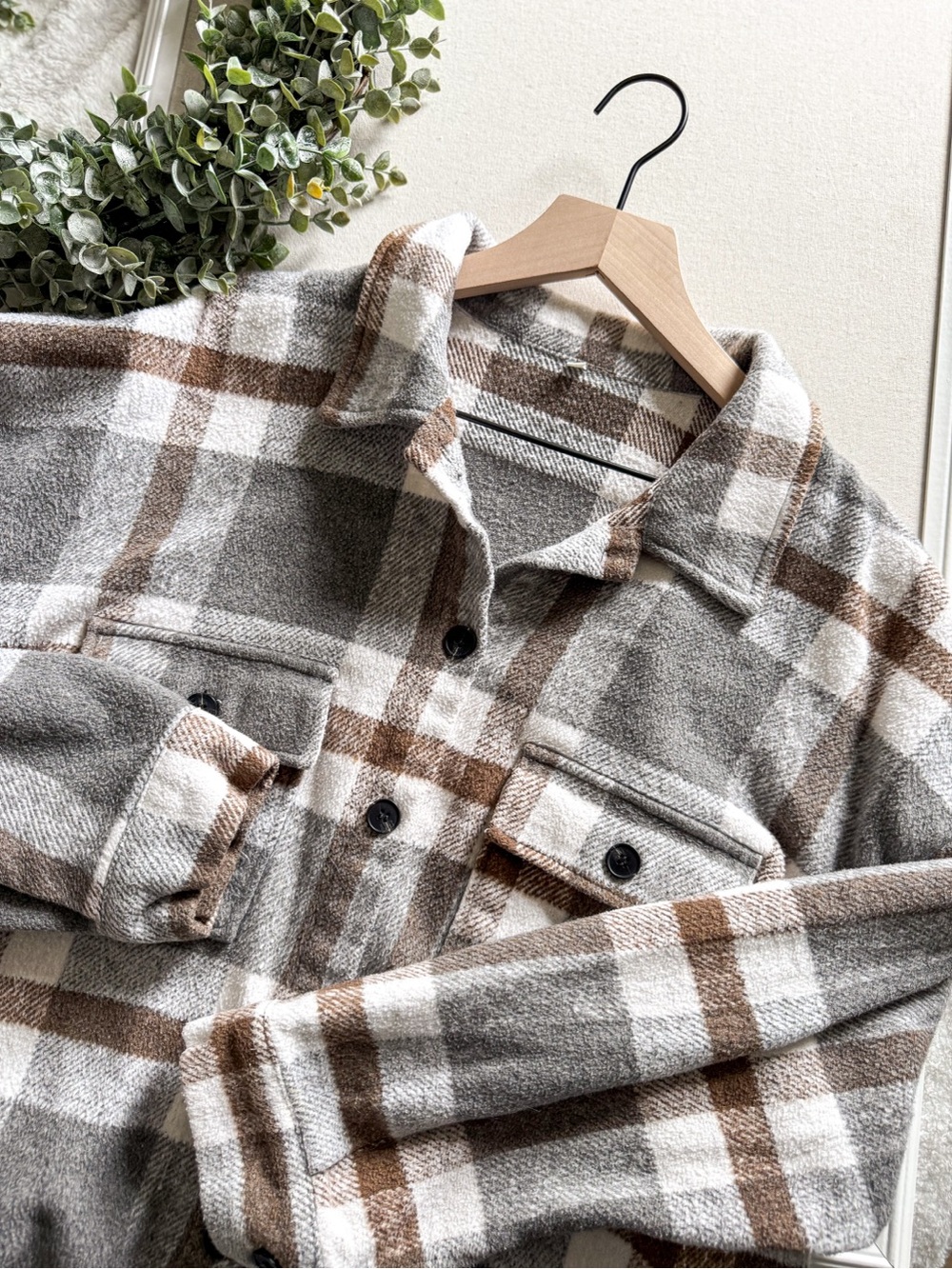 Plaid Sherpa Shacket Jacket Brown Cream Button Front Cozy Overshirt Size XL